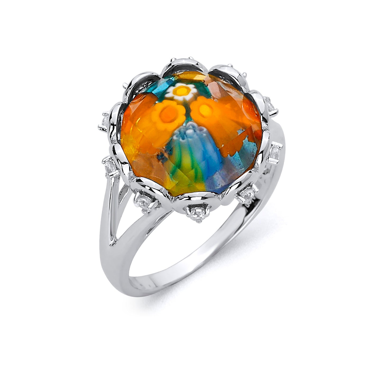 Millefiori Bezel Set Accents Faceted Round Murano Glass Ring