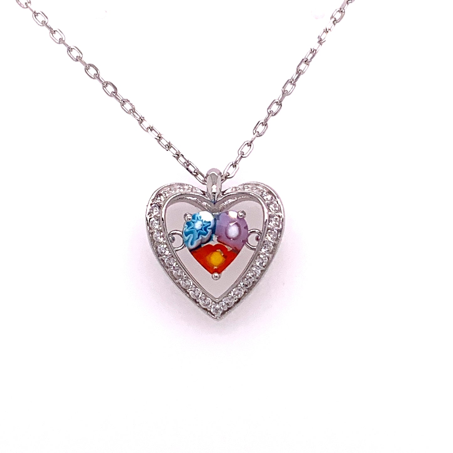 Millefiori Multicolor CZ Heart Murano Glass Pendant