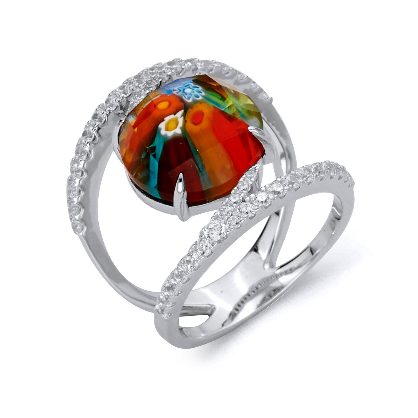 Millefiori Multicolor Cubic Zirconia Round Murano Glass Ring