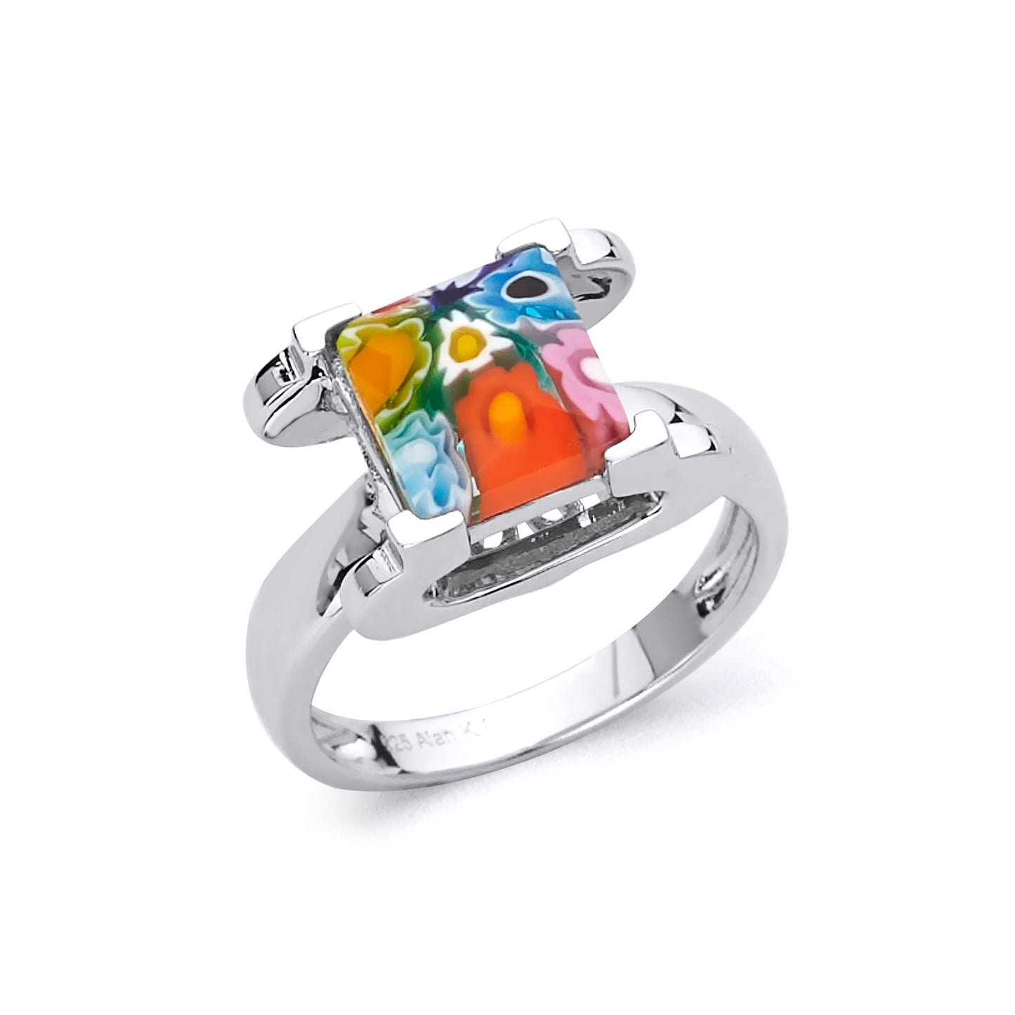 Millefiori Multicolor Solitaire Solitaire Cushion Cut Murano Glass Ring