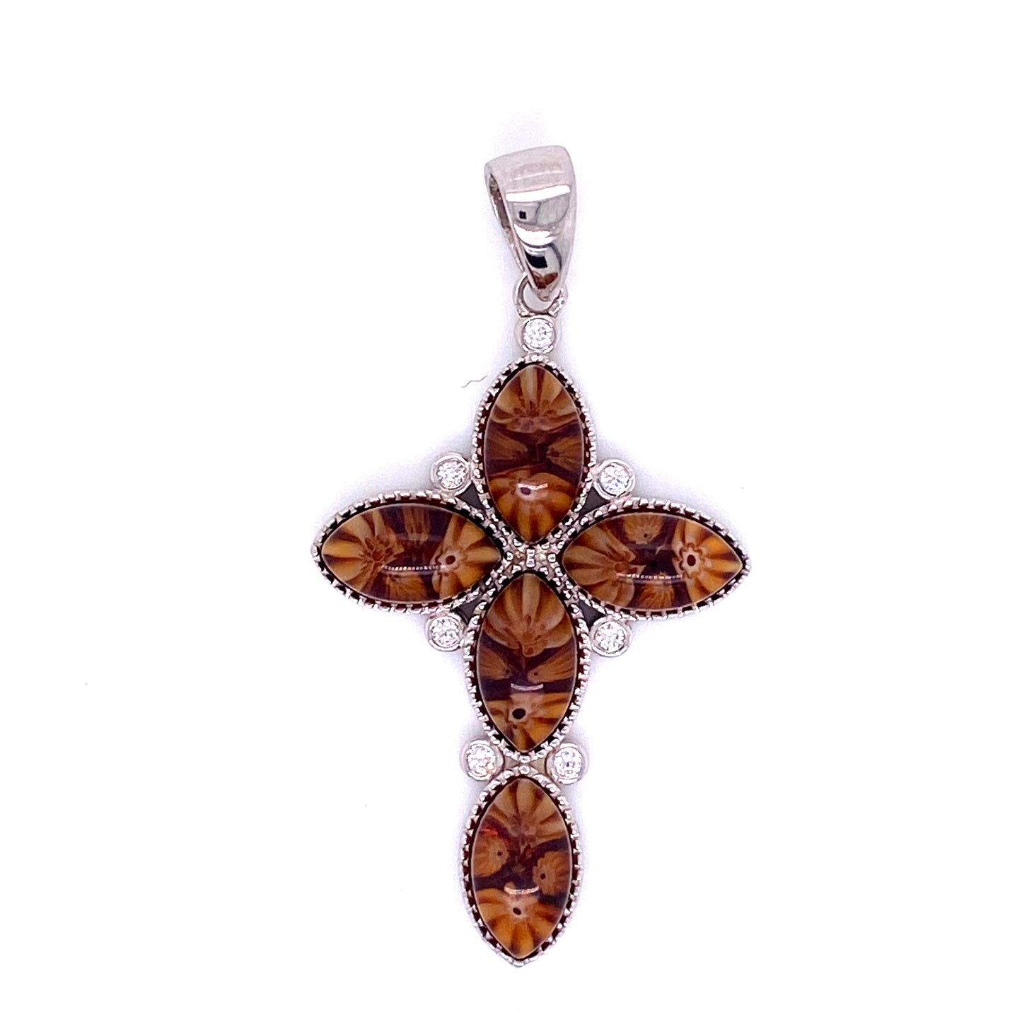 Millefiori Multicolor Marquise Cut Cross Murano Glass Pendant