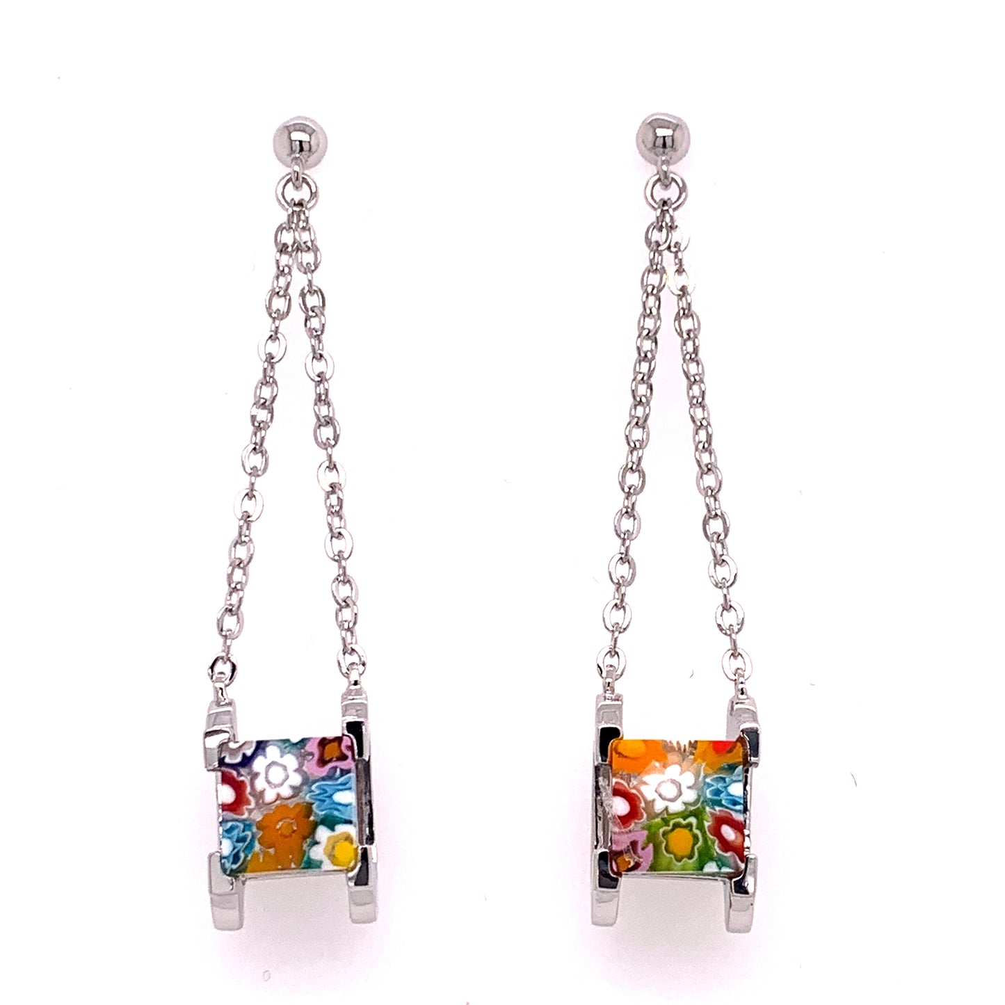 Dangling Drop Chain Square Millefiori Murano Glass Earrings