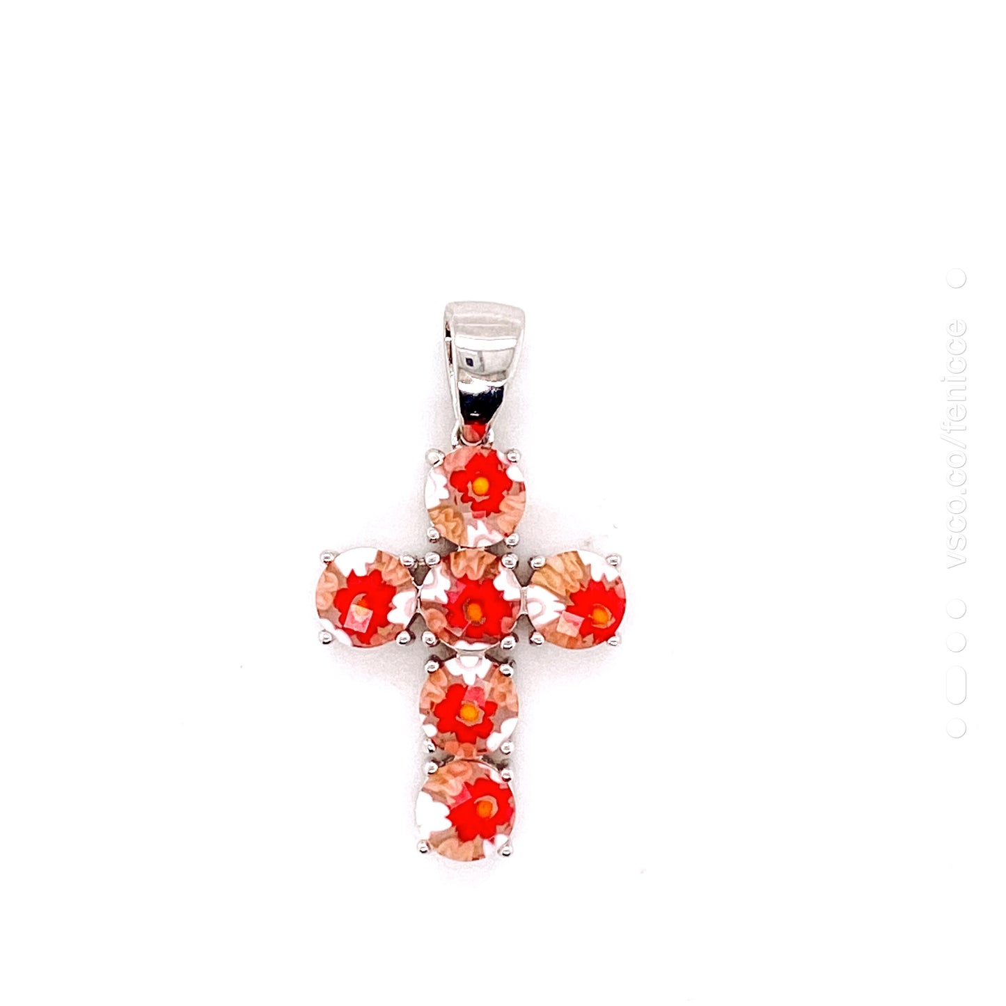 Millefiori Multicolor Cross Round Faceted Murano Glass Pendant