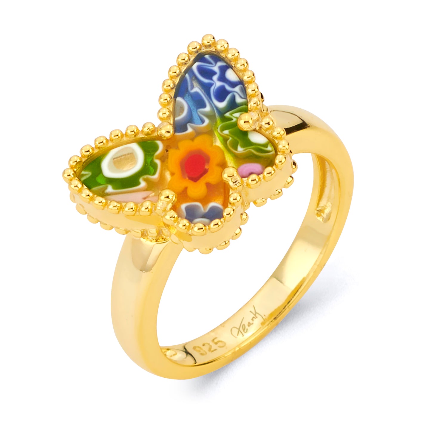 Millefiori Multicolor Gold Plated Butterfly Murano Glass Ring