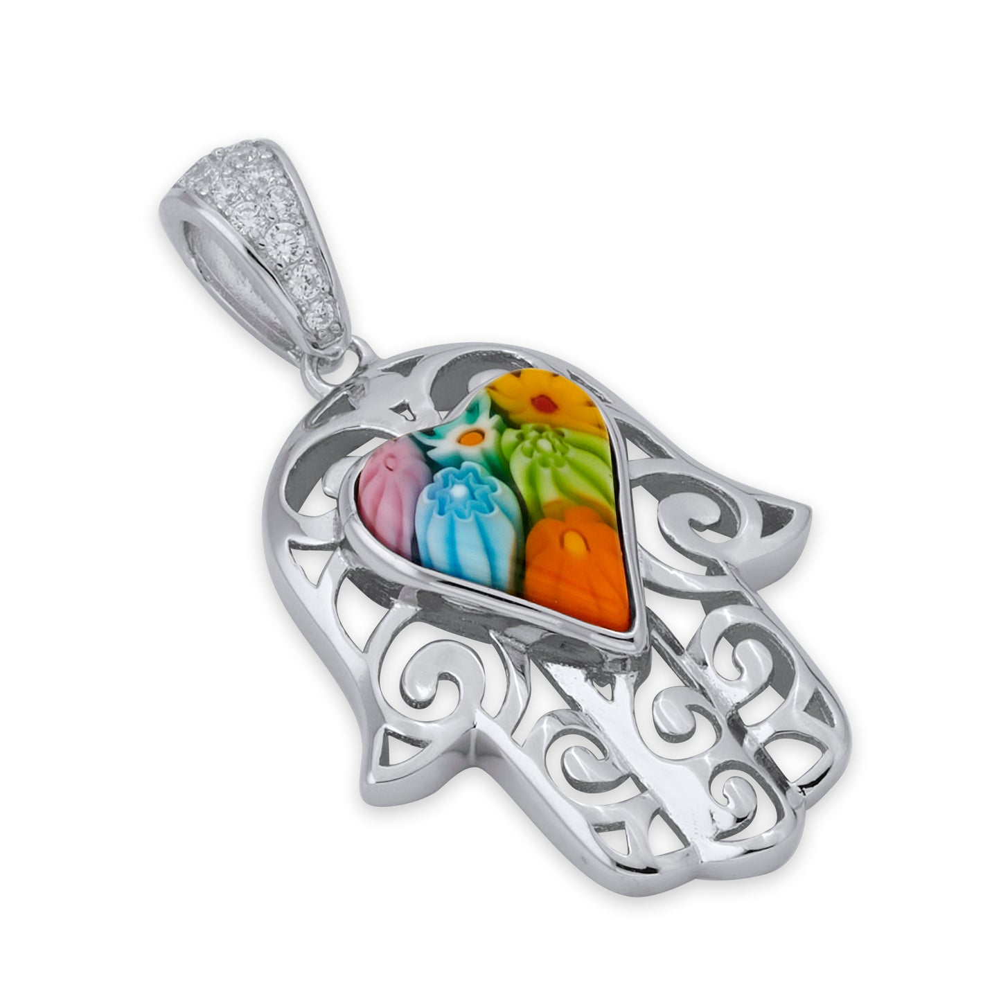 Hamsa Millefiori Heart Shaped Murano Glass Pendant