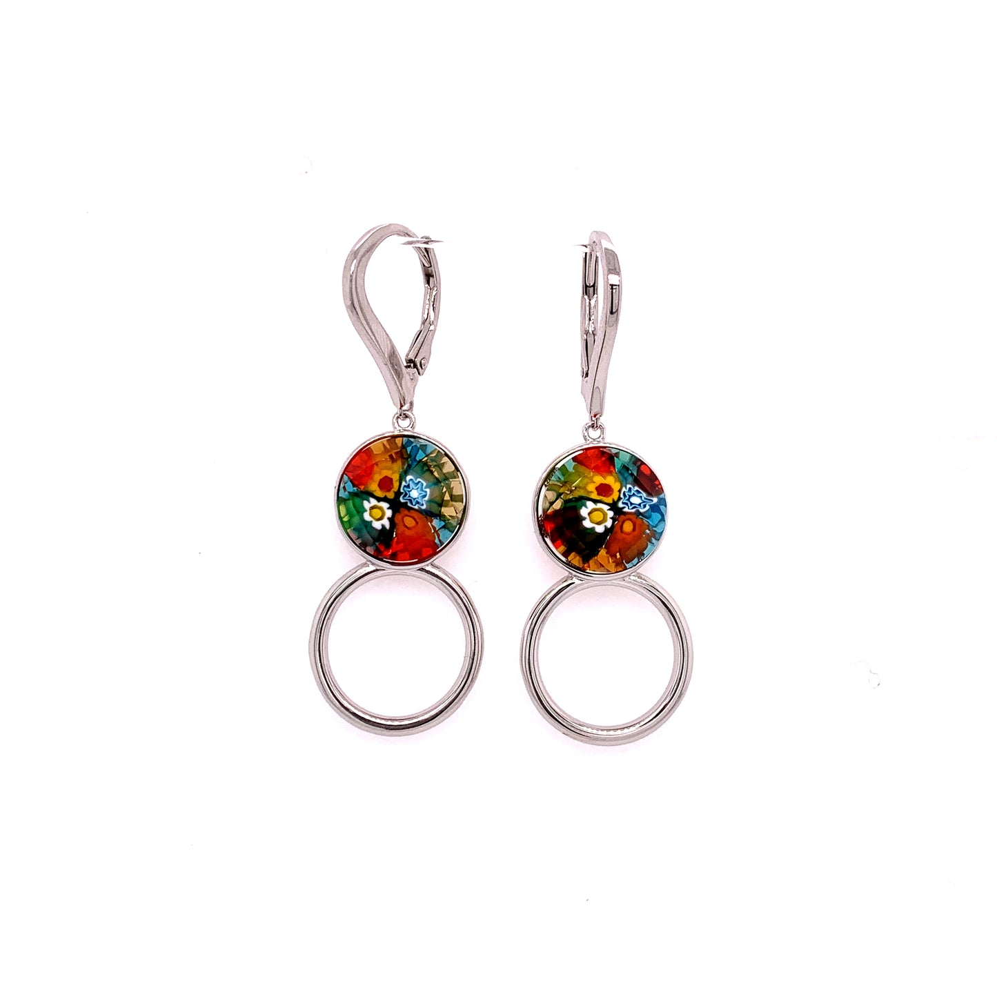 French Back Circular Drops Silver Round Murano Glass Earrings
