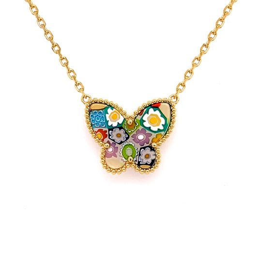 Millefiori Gold Plate Butterfly Murano Glass Necklace