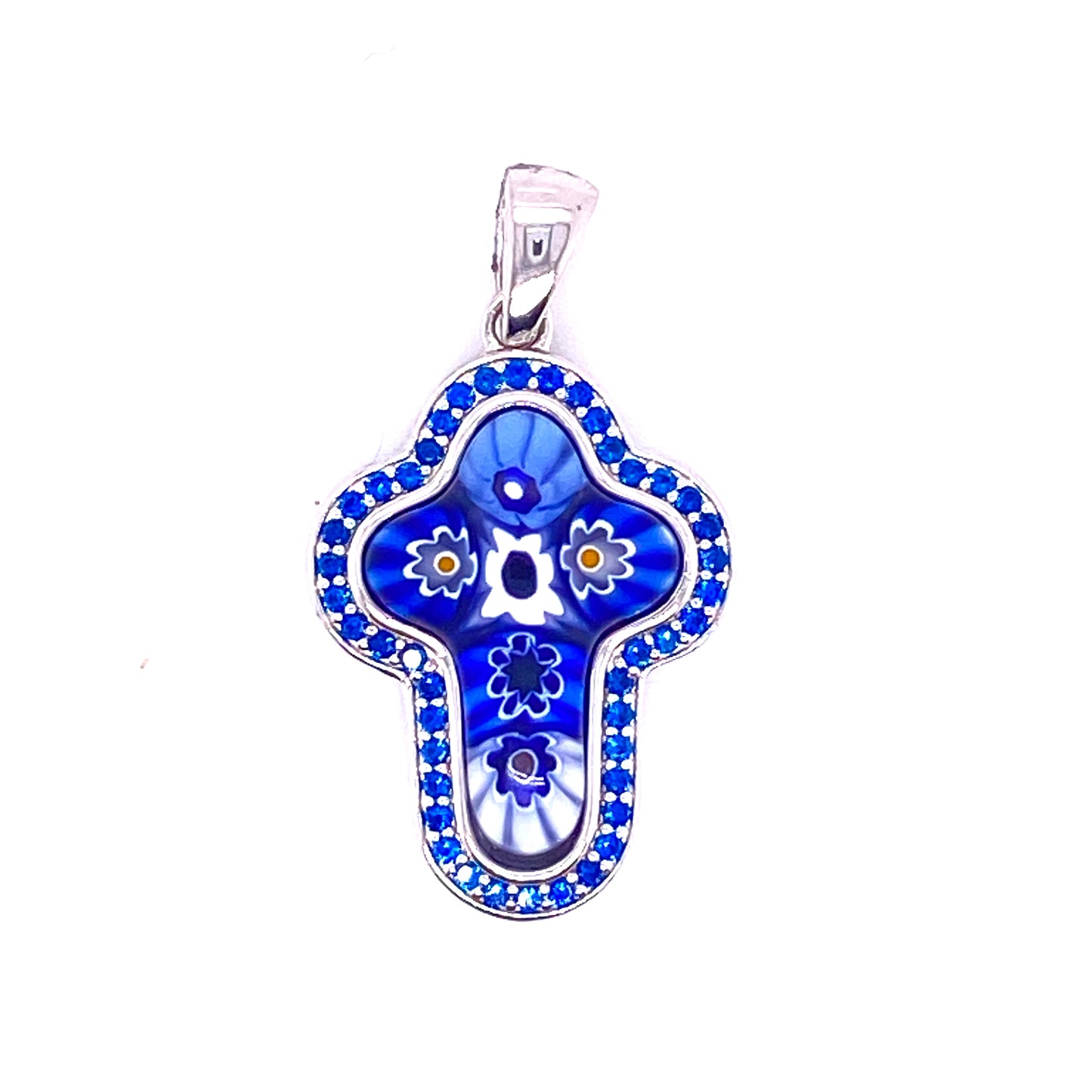 Millefiori Blue Cubic Zirconia Cross Murano Glass Pendant