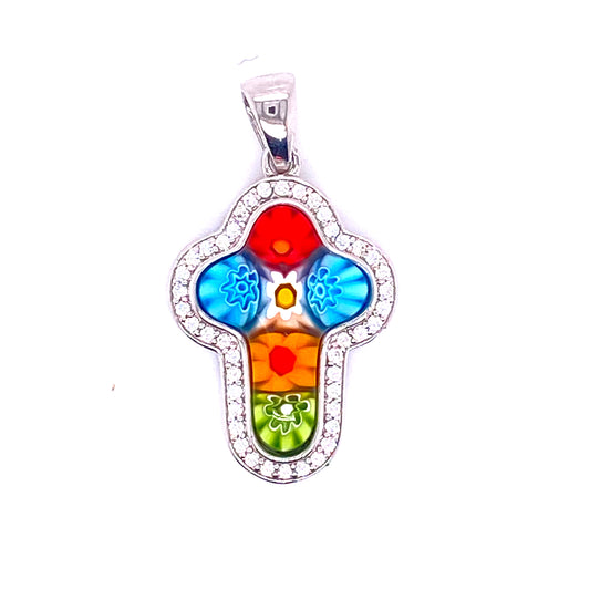 Millefiori Multicolor Cubic Zirconia Cross Murano Glass Pendant