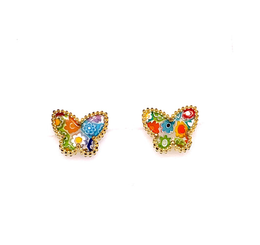 Millefiori Multicolor Butterfly Murano Glass Earring Studs