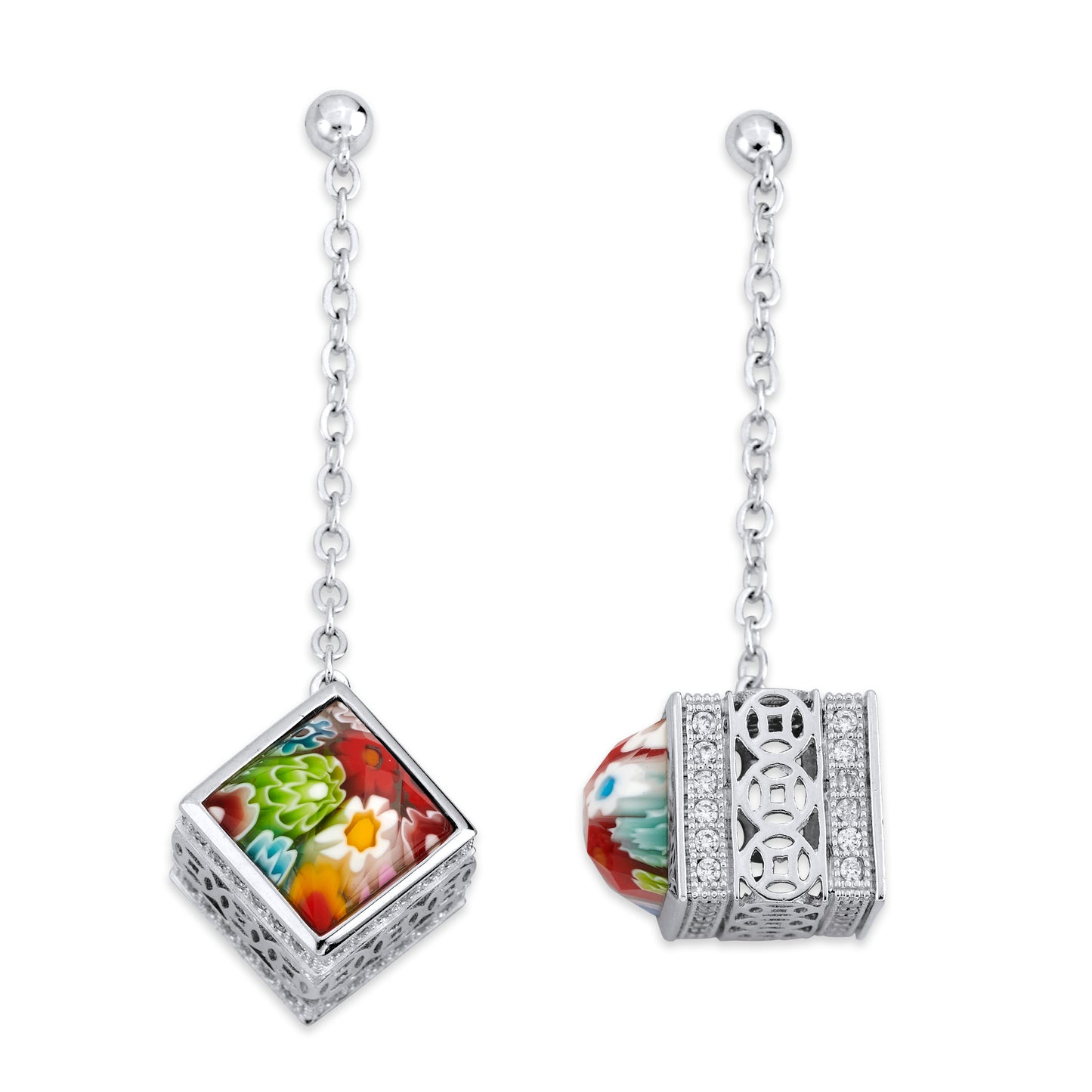 Millefiori Multicolor Drop Cushion Cut Murano Glass Earrings