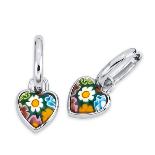 Millefiori Heart Drop Huggie Hoop Murano Glass Earrings