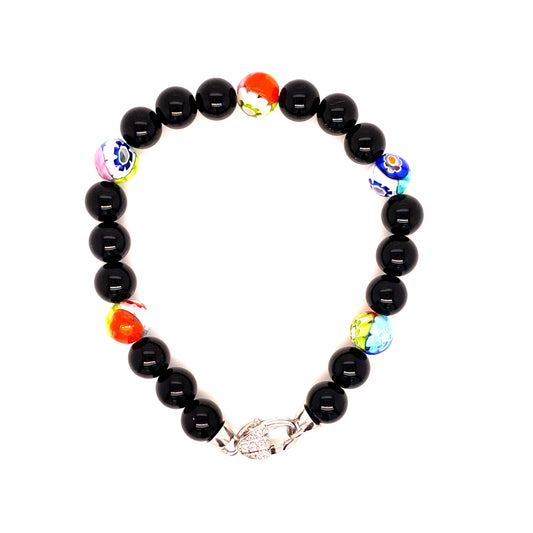 Millefiori Multicolor & Black Onyx Murano Glass Bead Bracelet