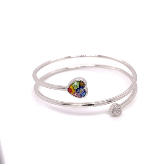 Millefiori Multicolor Murano Heart & Pave CZ Coil Bracelet