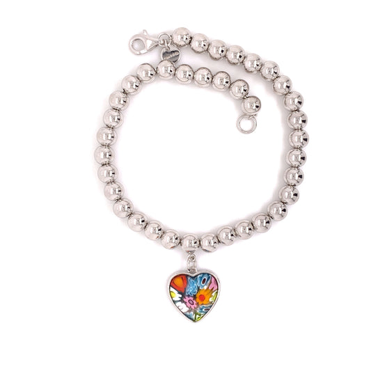 Millefiori Multicolor Silver Bead with Heart Bracelet