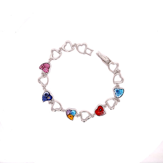 Millefiori Multicolor Bezel Set Heart Shaped Glass Bracelet