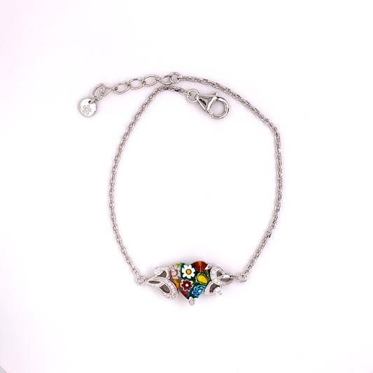 Millefiori Multicolor Micro Pave CZ Accents Heart Shape Murano Glass Bracelet